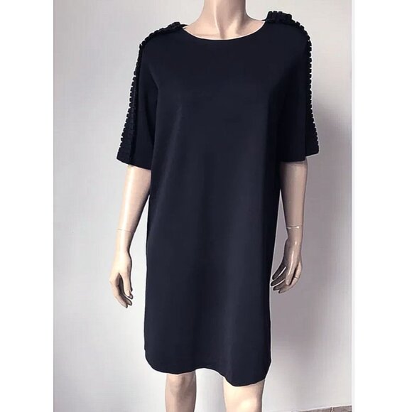 COS structured dark navy knit dress, short, pleat-embellished sleeves, c 2015 - Picture 2 of 6